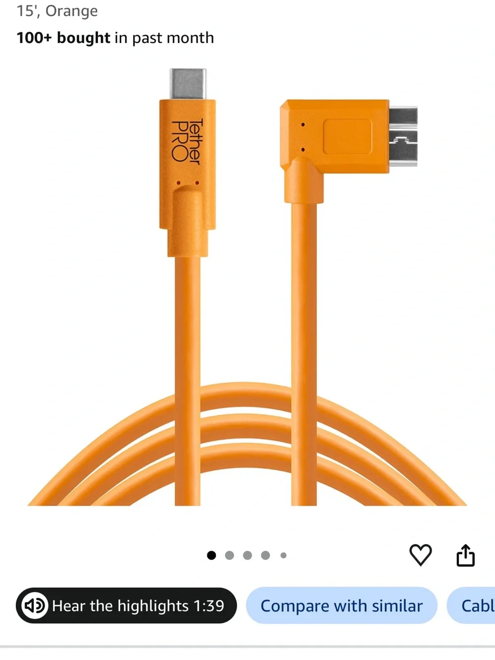 Tether Tools TetherPro USB-C to 3.0 Micro-B Right Angle Cable, 15', Orange